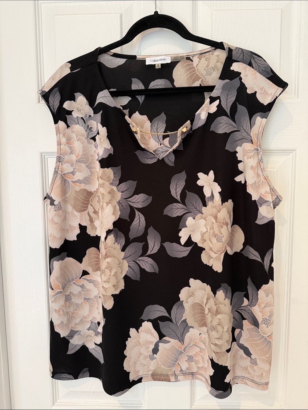 Calvin Klein Black Floral Cap-Sleeve Blouse with Blush Blooms
